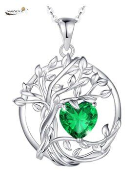 Tree of Life Birthstone Pendant Necklace Sterling Silver White Gold Plated